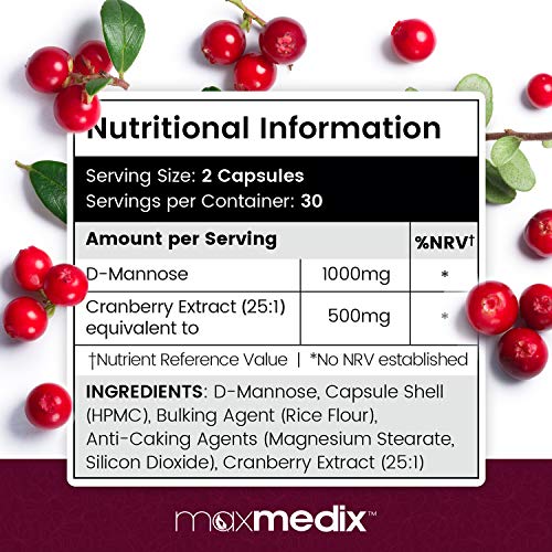 Cápsulas de Arándano Rojo y D-Manosa 1500 mg- Suplemento Natural Para Ayudar a Combatir Las Infecciones Urinarias, Con D-Manosa y Arándanos frescos Promueve Salud Urinaria y del Riñón, 60 Cápsulas