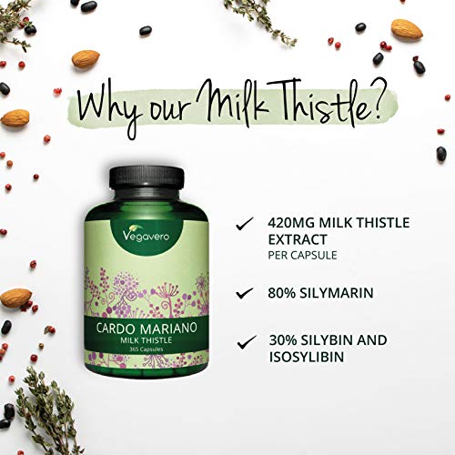 Cardo Mariano Vegavero® | 365 Cápsulas | La Dosis Más Alta: 840 mg | 80% de Silimarina | Sin Aditivos Artificiales | Detox + Hígado y Vesícula* | Testado en Laboratorio | Milk Thistle