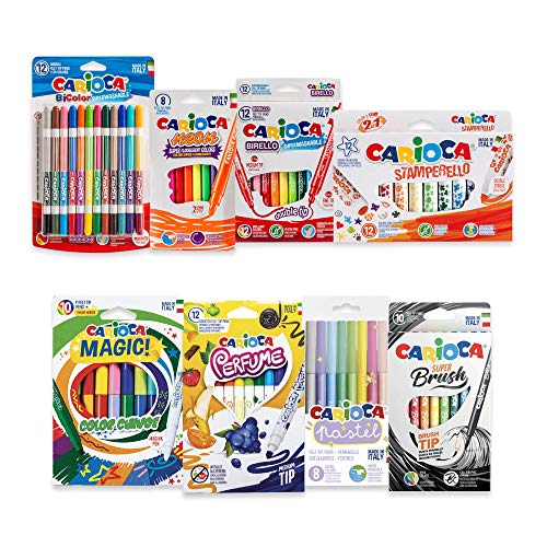 Carioca Set Rotuladores Locos | Kit Rotuladores de Colores Divertidos para Lettering, con Sellos Pastel, Mágicos, Perfume y Muchos Más, con Punta Maxi y Fina, Colores Surtidos 74 Unidades