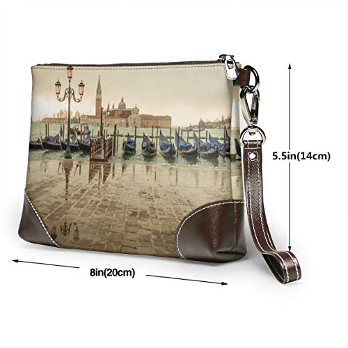 Cartera de piel auténtica para mujer con cremallera alrededor de la muñeca, bolso largo vintage grabado en relieve cuero vacuno embrague Venecia Italia San Giorgio Maggiore Island Marina góndolas