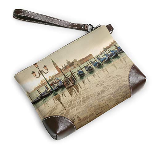 Cartera de piel auténtica para mujer con cremallera alrededor de la muñeca, bolso largo vintage grabado en relieve cuero vacuno embrague Venecia Italia San Giorgio Maggiore Island Marina góndolas