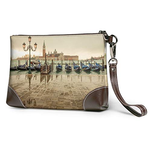 Cartera de piel auténtica para mujer con cremallera alrededor de la muñeca, bolso largo vintage grabado en relieve cuero vacuno embrague Venecia Italia San Giorgio Maggiore Island Marina góndolas