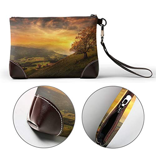 Cartera de piel auténtica para mujer con cremallera alrededor de la muñeca, bolso largo vintage grabado en relieve de piel de vaca hecha a mano, diseño de árbol, paisaje natural, Suiza, otoño