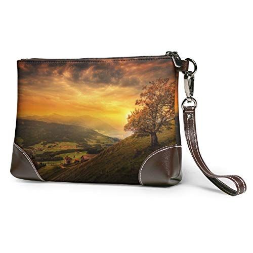 Cartera de piel auténtica para mujer con cremallera alrededor de la muñeca, bolso largo vintage grabado en relieve de piel de vaca hecha a mano, diseño de árbol, paisaje natural, Suiza, otoño