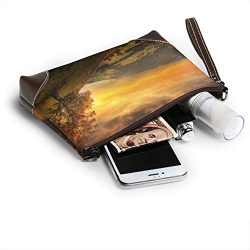 Cartera de piel auténtica para mujer con cremallera alrededor de la muñeca, bolso largo vintage grabado en relieve de piel de vaca hecha a mano, diseño de árbol, paisaje natural, Suiza, otoño