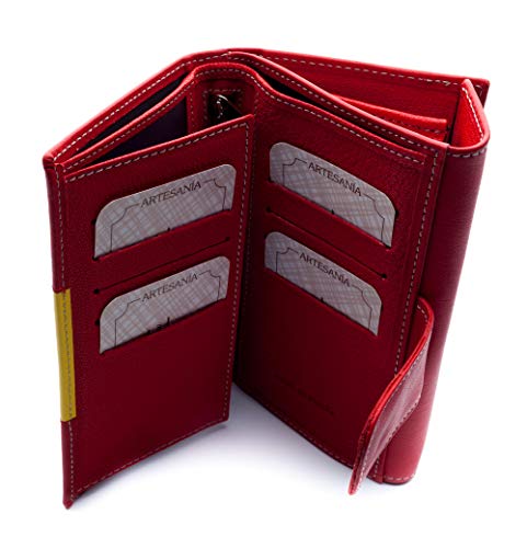 Cartera Mujer Monedero de Mujer Billetero Piel LEGADO España señora Cuero Grande Gran Capacidad Hecho en Ubrique España Regalo Pulsera Bandera ESPAÑA y Tarjeta de Proteccion RFID (Mediana)