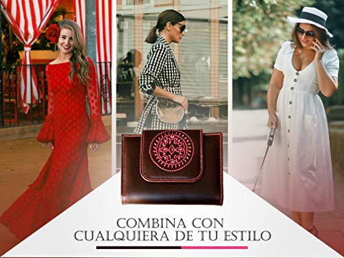 Cartera Mujer Monedero de Mujer Billetero Piel LEGADO Rosa Fuxia señora Cuero Grande Gran Capacidad Hecho en Ubrique España Regalo Pulsera Bandera ESPAÑA y Tarjeta Proteccion RFID (PEQUEÑA)