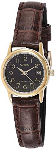 Casio #LTP-V002GL-1B - Reloj de pulsera para mujer, correa de piel dorada, dial fácil de leer, dial con fecha.