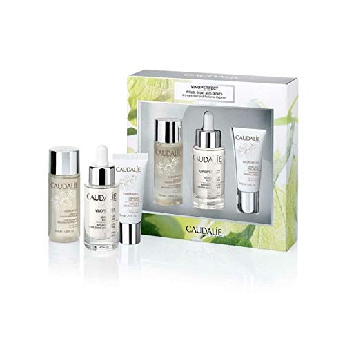Caudalie Vinoperfect - Set con Crema de Noche Cell Renewal, Sérum Resplandor Antimanchas y Esencia Luminosidad, 15 + 30 + 50 ml