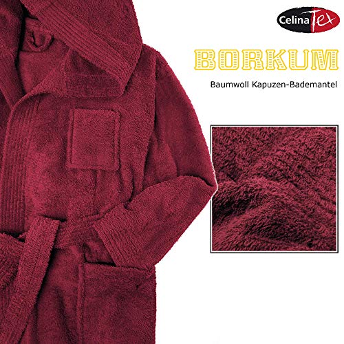CelinaTex Borkum Albornoz Capucha Uni Largo Bolsillos de Parche Bolsillo de Pecho Caballeros 100% Algodón XXL Burdeos