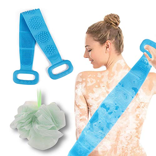Cepillo cuerpo silicona y Esponjas de baño 2 EN 1,KarDition Cepillo espalda ducha[Cepillo suave y masaje de superficie convexa redonda] [Fácil de exfoliar]limpiar y mejorar las hemorroides de espalda