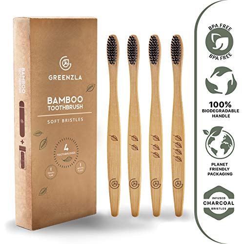 Cepillo de Dientes de Bambú de Greenzla (4 Paq.) con estuche de viaje y seda dental de carboncillo - Cepillos de dientes naturales y ecológicos para adultos sin BPA, de cerdas suaves y biodegradable