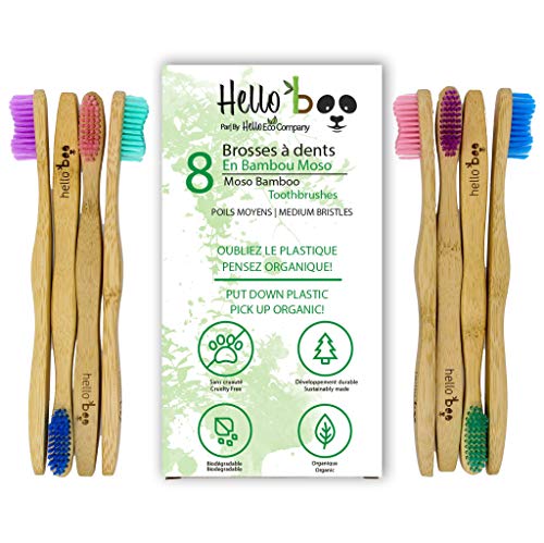 Cepillo de dientes de bambú para adultos y adolescentes |Juego de 8 cepillos biodegradables de cepillo de dientes | Bambú de Moso ecológico ecológico con mangos ergonómicos y cerdas de nailon medianas