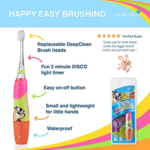 Cepillo de dientes eléctrico KidzSonic de Brush-Baby | Niños | +3 años | ¡Luces, vibración y temporizador de 2 min hacen que cepillarse sea divertido! | Rosa, con 3 cabezales de reemplazo y 1 pila AAA
