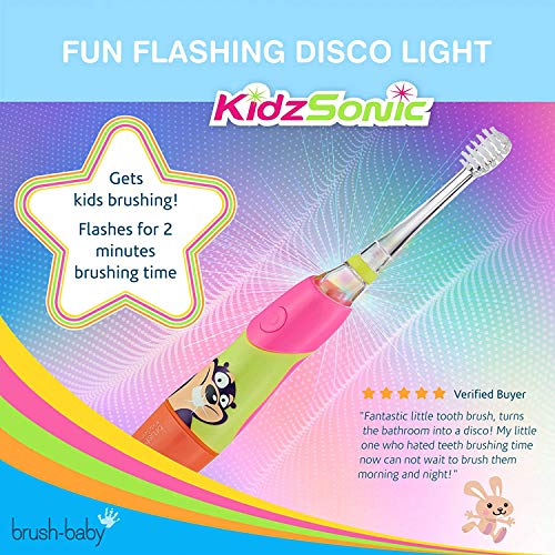 Cepillo de dientes eléctrico KidzSonic de Brush-Baby | Niños | +3 años | ¡Luces, vibración y temporizador de 2 min hacen que cepillarse sea divertido! | Rosa, con 3 cabezales de reemplazo y 1 pila AAA