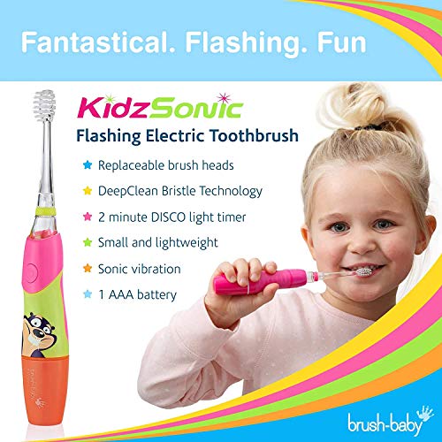 Cepillo de dientes eléctrico KidzSonic de Brush-Baby | Niños | +3 años | ¡Luces, vibración y temporizador de 2 min hacen que cepillarse sea divertido! | Rosa, con 3 cabezales de reemplazo y 1 pila AAA