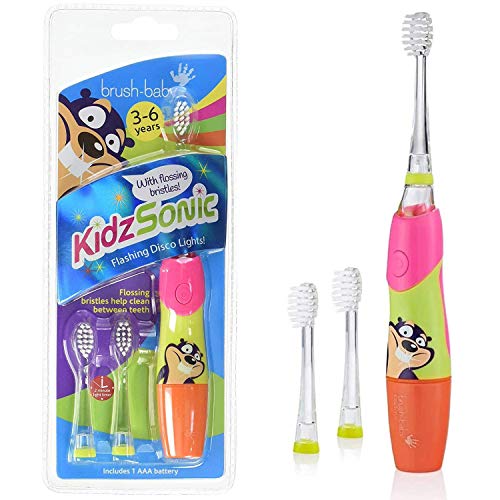 Cepillo de dientes eléctrico KidzSonic de Brush-Baby | Niños | +3 años | ¡Luces, vibración y temporizador de 2 min hacen que cepillarse sea divertido! | Rosa, con 3 cabezales de reemplazo y 1 pila AAA