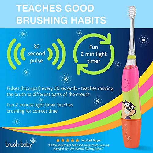 Cepillo de dientes eléctrico KidzSonic de Brush-Baby | Niños | +3 años | ¡Luces, vibración y temporizador de 2 min hacen que cepillarse sea divertido! | Rosa, con 3 cabezales de reemplazo y 1 pila AAA