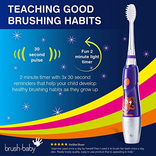 Cepillo de dientes eléctrico KidzSonic de Brush-Baby | Niños | +6 años | Luces, vibración y temporizador de 2 min hacen que cepillarse sea divertido| Morado, con 3 cabezales de reemplazo y 1 pila AAA