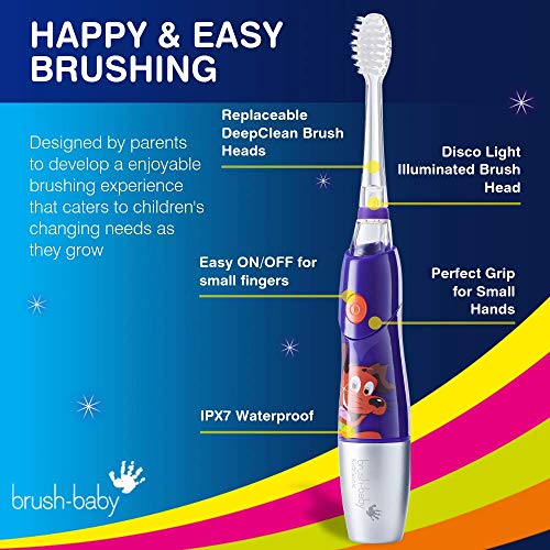 Cepillo de dientes eléctrico KidzSonic de Brush-Baby | Niños | +6 años | Luces, vibración y temporizador de 2 min hacen que cepillarse sea divertido| Morado, con 3 cabezales de reemplazo y 1 pila AAA