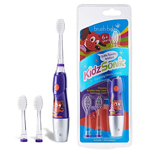 Cepillo de dientes eléctrico KidzSonic de Brush-Baby | Niños | +6 años | Luces, vibración y temporizador de 2 min hacen que cepillarse sea divertido| Morado, con 3 cabezales de reemplazo y 1 pila AAA