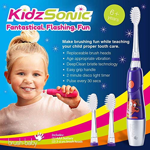 Cepillo de dientes eléctrico KidzSonic de Brush-Baby | Niños | +6 años | Luces, vibración y temporizador de 2 min hacen que cepillarse sea divertido| Morado, con 3 cabezales de reemplazo y 1 pila AAA