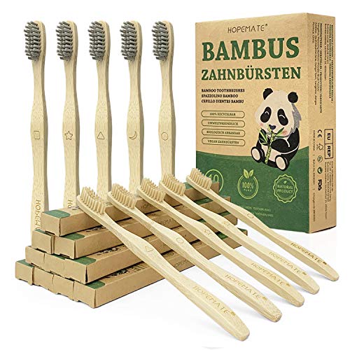 Cepillo Dientes Bambu Paquete de 10, Cepillos Dientes de Fibra Bambú y Carbón Bambú 5 Cada Uno, con Signos Diferentes, Naturales y Veganos para Mejor Limpieza, Embalaje Reciclable, 100% Libre de BPA