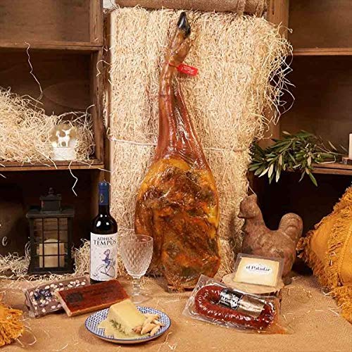 Cesta de Navidad, Paleta Bellota, Vino Tinto Adhuc Tempus, Chorizo de León Ahumado Picante, Queso Oveja Curado Cuña y Caja Regalo Paleta - LOTE PALETA 520-9 Bellota