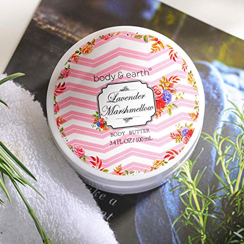 Cesta de Regalo de Baño para Mujer - Body&Earth Set de Baño Lujoso y Perfumada de 6 Piezas, Incluye Manteca Corporal, Crema de Manos, Gel de Ducha, Set de Posavasos. Mejor Regalo para Ella
