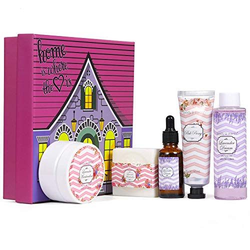 Cesta de Regalo de Baño para Mujer - Body&Earth Set de Baño Lujoso y Perfumada de 6 Piezas, Incluye Manteca Corporal, Crema de Manos, Gel de Ducha, Set de Posavasos. Mejor Regalo para Ella
