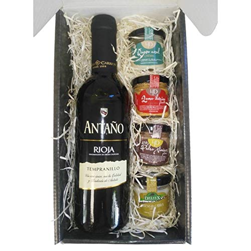 Cesta Gourmet Deliex con Vino Rioja Antaño de 37,5 cl, 2 patés de Lomo Ibérico 30 g y Paté al Pedro Ximénez 30 g, 2 Cremas de Queso de Cabra Deliex y Queso Azul Deliex.