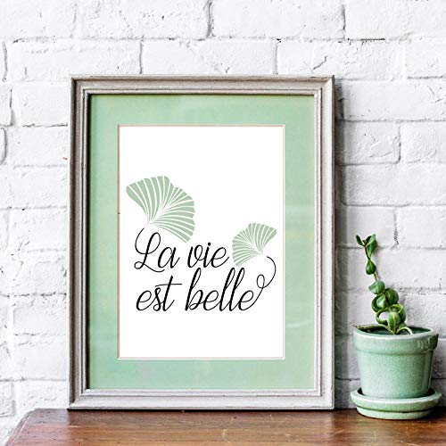 cgsmvp Francés La Vie EST Belle Citas Impresión en Lienzo Cartel Inspirador Hoja de Ginkgo Planta Pintura Imagen Sala de Estar Decoración de Arte de Pared / 40x50cm-Sin Marco