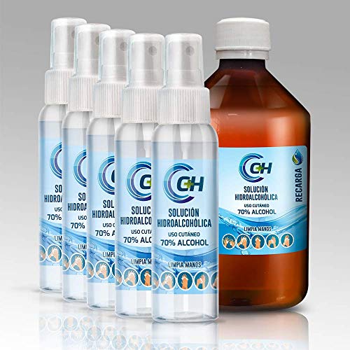 C+H Solución hidroalcohólica uso cutáneo | 5 unidades Spray 100ml y 1 unidad de 500ml para recargar | Desinfección en spray para manos y otras superficies