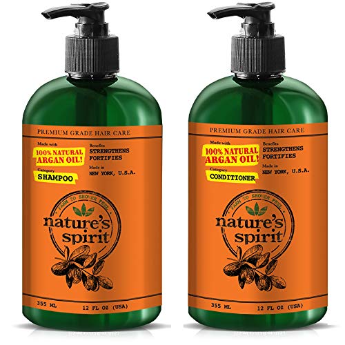 Champú de aceite de argán fortalecedor Nature's Spirit 355 ml + acondicionador 12 oz. - Limpia y nutre profundamente, fortalece, volumiza y previene la rotura futura del cabello