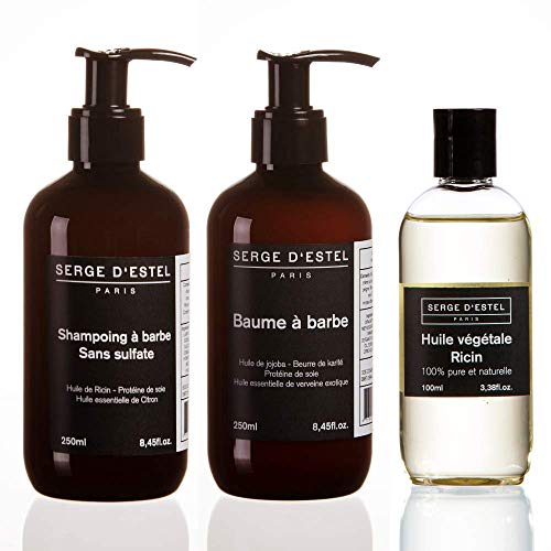 Champú para Barba Sin Sulfato 250ml Bálsamo para Barba 250ml Aceite de Ricino 100ml Kit Completo para el Cuidado de la Barba Suavizante Fortificante