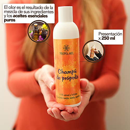 Champu pH neutro con Propoleo - 250 ml. Champu natural certificación BIO, sin sulfatos. Regenera, hidrata, suaviza, da brillo y volumen al cabello; protege el cuero cabelludo.