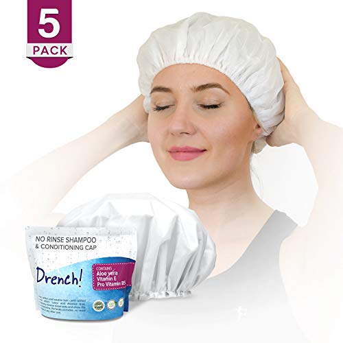 Champú Sin Enjuague Vegano (Pack x5) | Tratamiento de lujo para el cabello evita goteos, desorden o residuos. Sin agua, ¡Simplemente masajee la gorra y seque con una toalla! (de Drench! Médico)