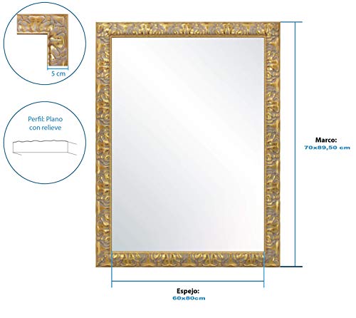 Chely Intermarket, Espejo Pared Dorado 60X80 cm(70x89,50 cm)/Dorado/Mod-149, Ideal para peluquerías, salón, Comedor, Dormitorio y oficinas. Fabricado en España. Madera Maciza.