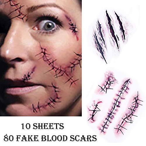 Chengzhi Tatuajes Temporales (10 Hojas) - Halloween Zombie Cicatrices Tatuajes Pegatinas con Falso Scab Sangre Especial Fx Costume Maquillaje Props