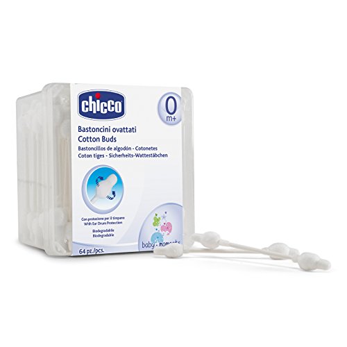 Chicco - Bastoncillos de oídos 100% algodón, con aplicador punta segura, 63 ud