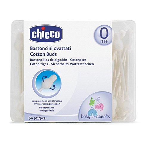 Chicco - Bastoncillos de oídos 100% algodón, con aplicador punta segura, 63 ud