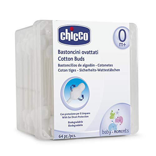 Chicco - Bastoncillos de oídos 100% algodón, con aplicador punta segura, 63 ud