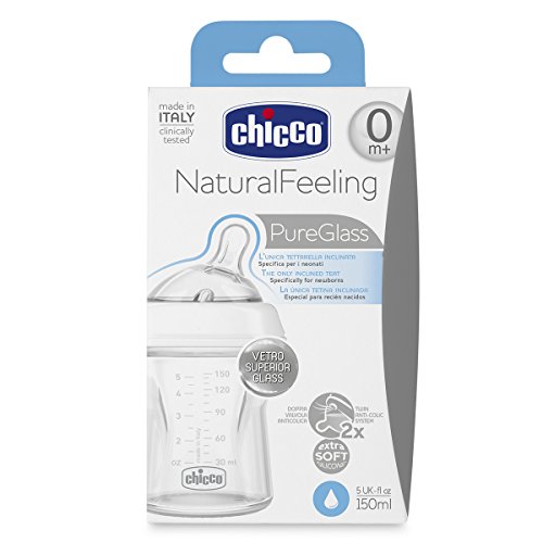 Chicco NaturalFeeling - Biberón de vidrio flujo normal con tetina redondeada anti cólicos, 150ml, 0m+
