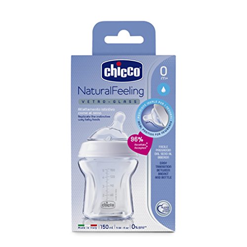 Chicco NaturalFeeling - Biberón de vidrio flujo normal con tetina redondeada anti cólicos, 150ml, 0m+