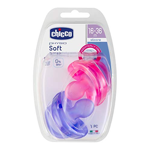 Chicco Physio Soft - Pack de 2 Chupetes de Silicona, 16-36 m, Color Rosa/Morado