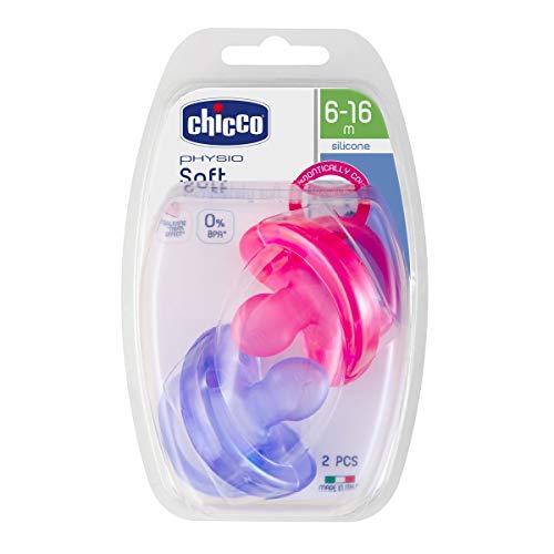 Chicco Physio Soft Pack de 2 Chupetes de Silicona, 6-16 Meses , Rosa y Morado