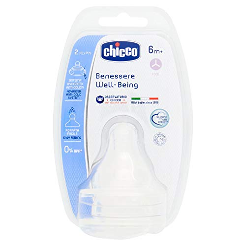 Chicco Wellbeing - Tetina de silicona anticólicos con flujo papilla para bebé de 6 meses + , 2 unidades
