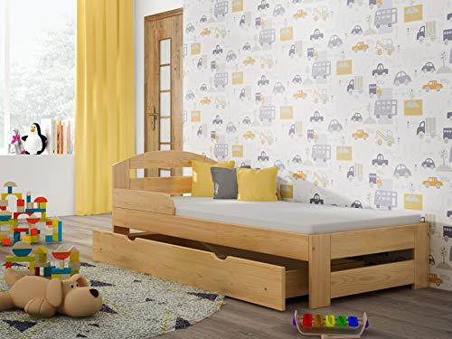 Children's Beds Home Cama Individual de Madera Maciza - Kiko con cajones y colchón de Espuma (190x90 + cajones + colchón, Natural)