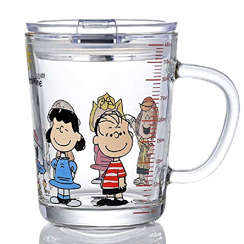 Chouchou Taza de cristal de paja con mango para niños taza de leche con tapa taza de té de 6 cm x 11,8 cm / 401-500 ml Snoopy