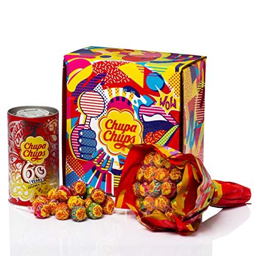 Chupa Chups Original, Caramelo con Palo de Sabores Variados, Caja Regalo con Flower Bouquet de 19 unidades y Lata de 16 unidades de 12 gr. (Total 420 gr.)